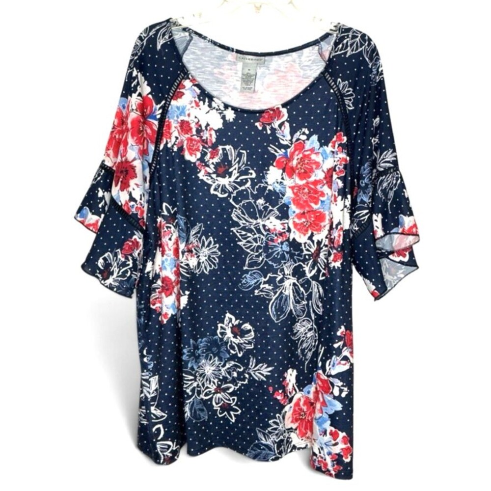 Catherine’s Women Top Size 1XL Multicolor Flower Short Sleeves Casual Blouse